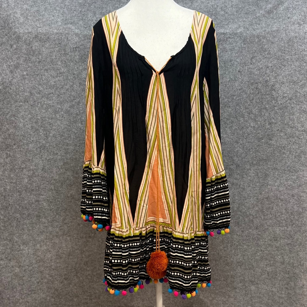 Velzera Boho Pom Pom Tassel Tunic Dress Geometric Beach Cover Up Womens Large